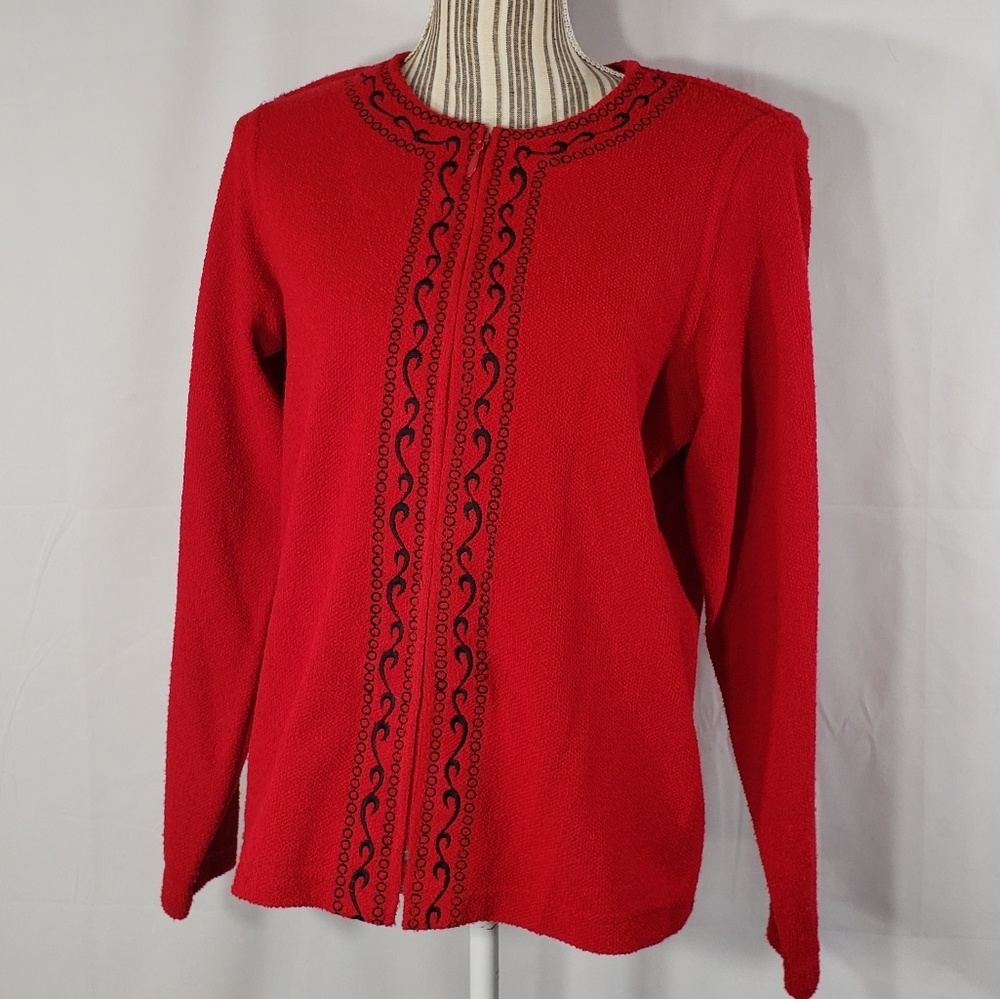 Cathy Daniels Red w/Embroidery Padded Shoulders Zip Up Jacket Size Small